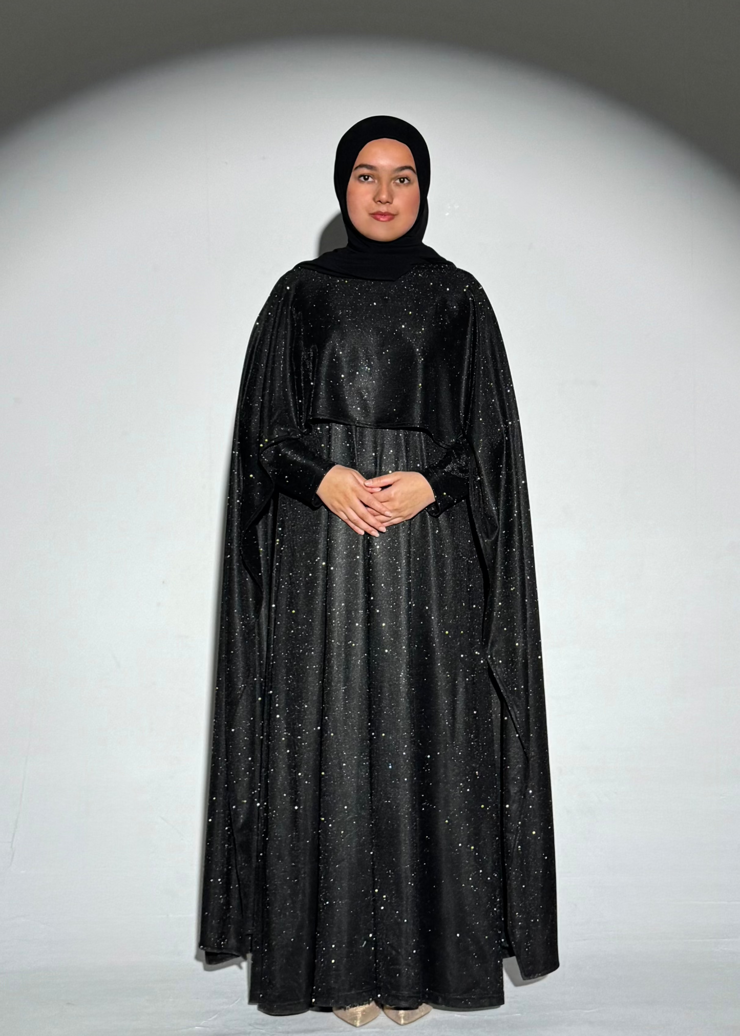 Noura Glitter Cape Dress - Black