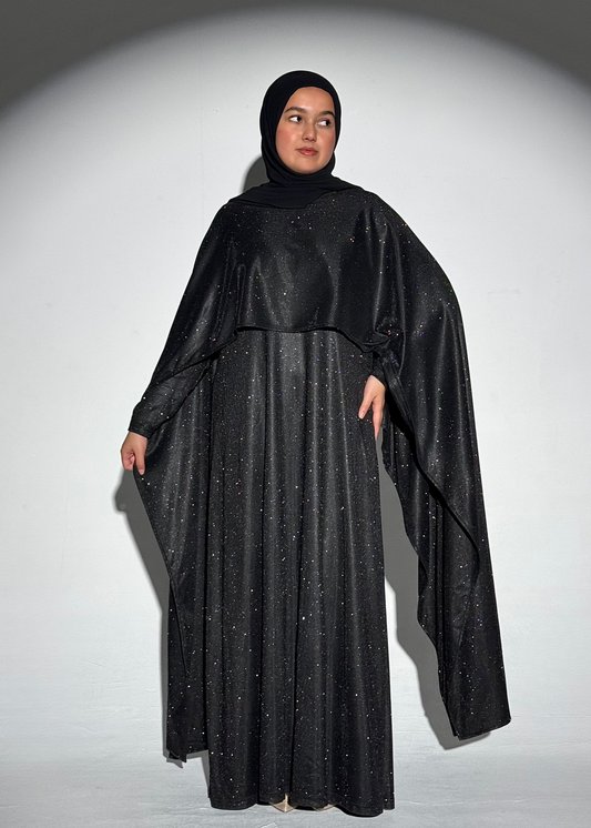 Noura Glitter Cape Dress - Black