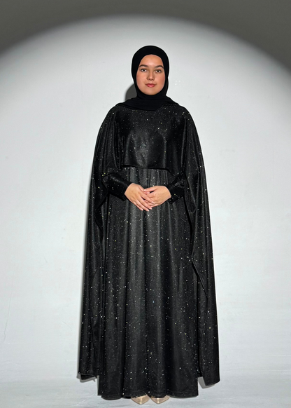 Noura Glitter Cape Dress - Black